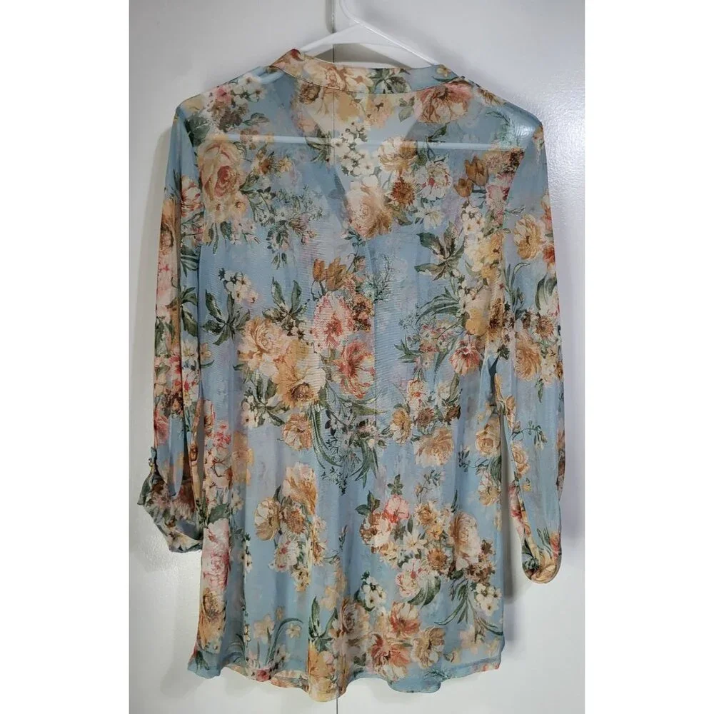 PERSEPTION CONCEPT Women's SZ Large Sheer Button Up Floral Blouse Top - Picture 2 of 8